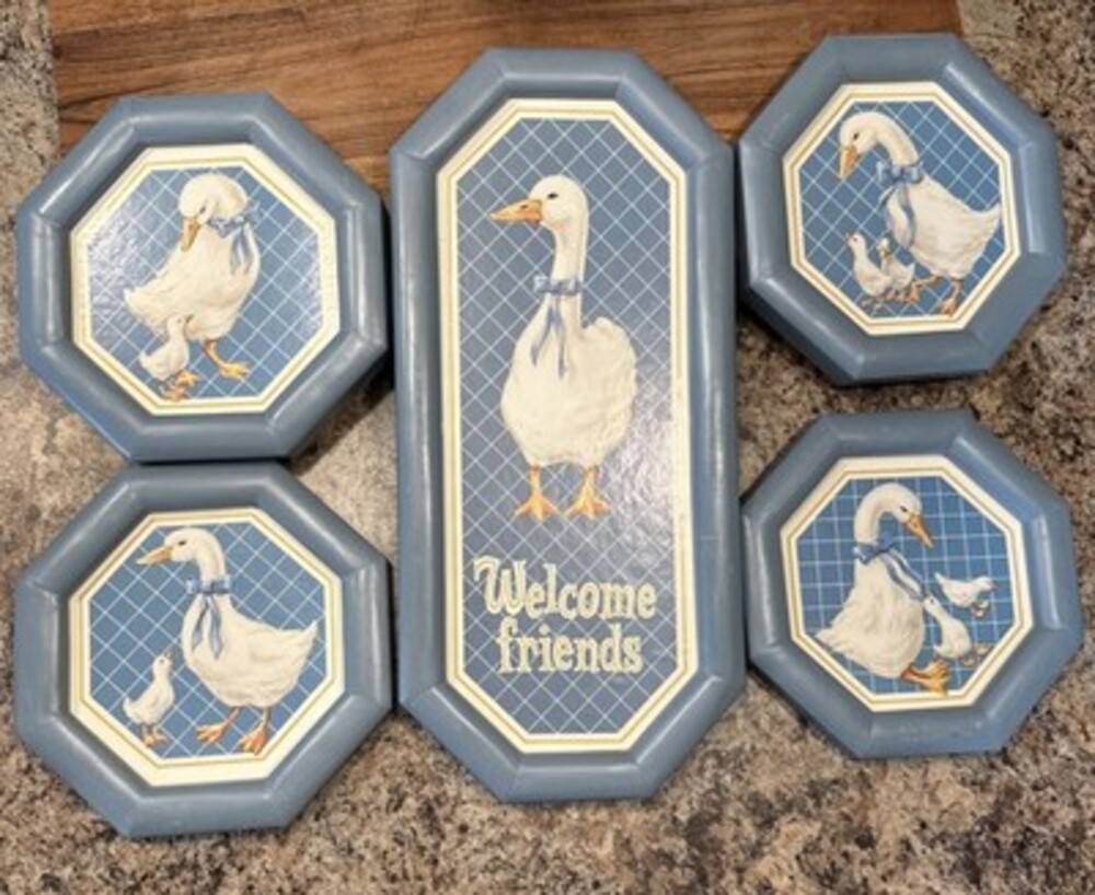 Vintage 80s Country Blue Goose Wall Plaque Set 5 pc Welcome Cottagecore Granny